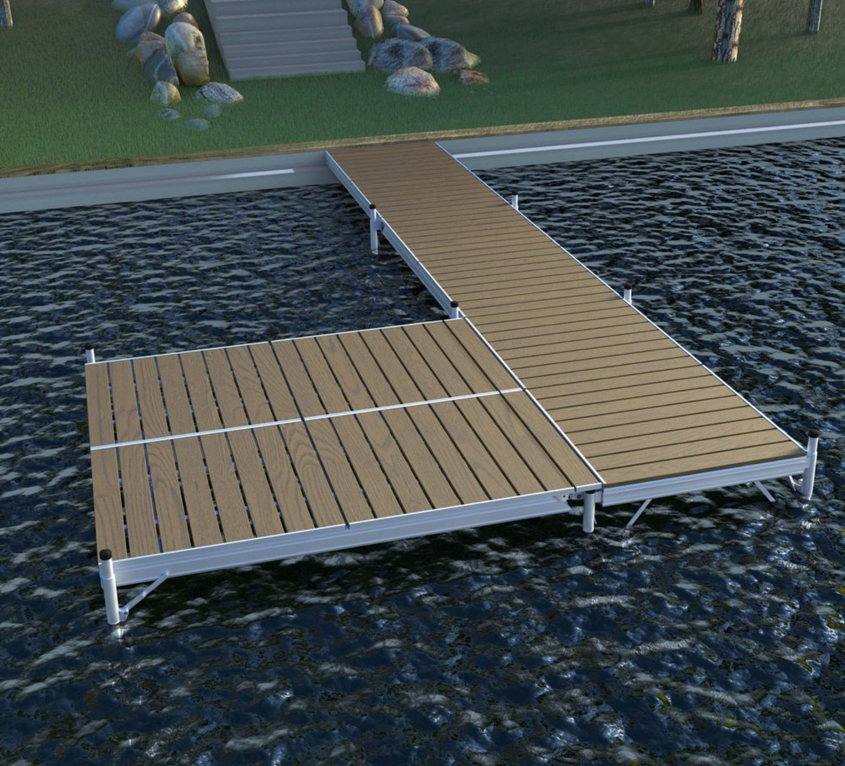 24' Pier of D'Nort L-Style Pier w/Two 4x8 Platform, Starter Section - Red Cedar Wood Decking