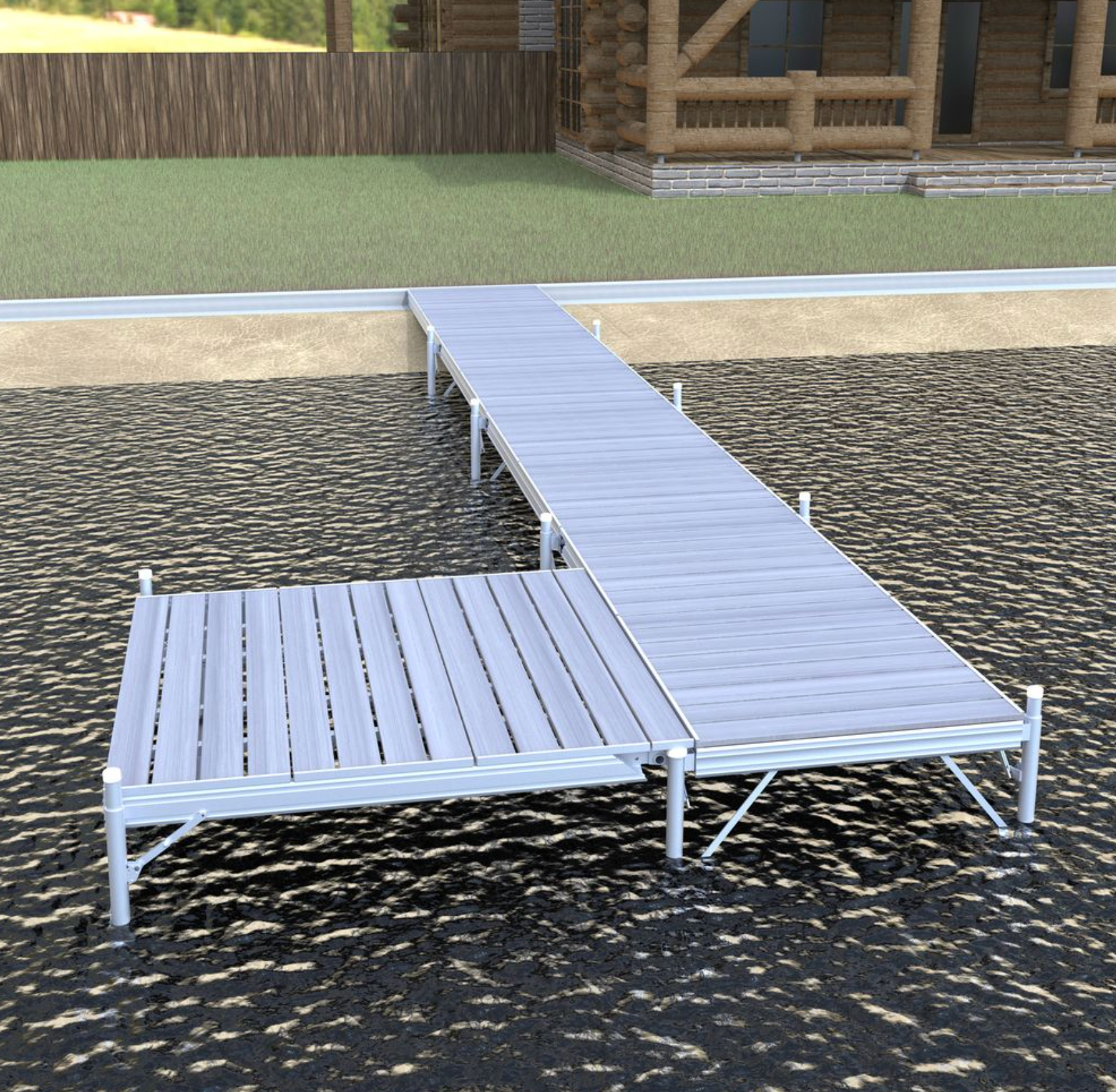 32' Pier of D'Nort L-Style Pier w/One 6x6 Platform, Starter Section - Red Cedar Wood Decking