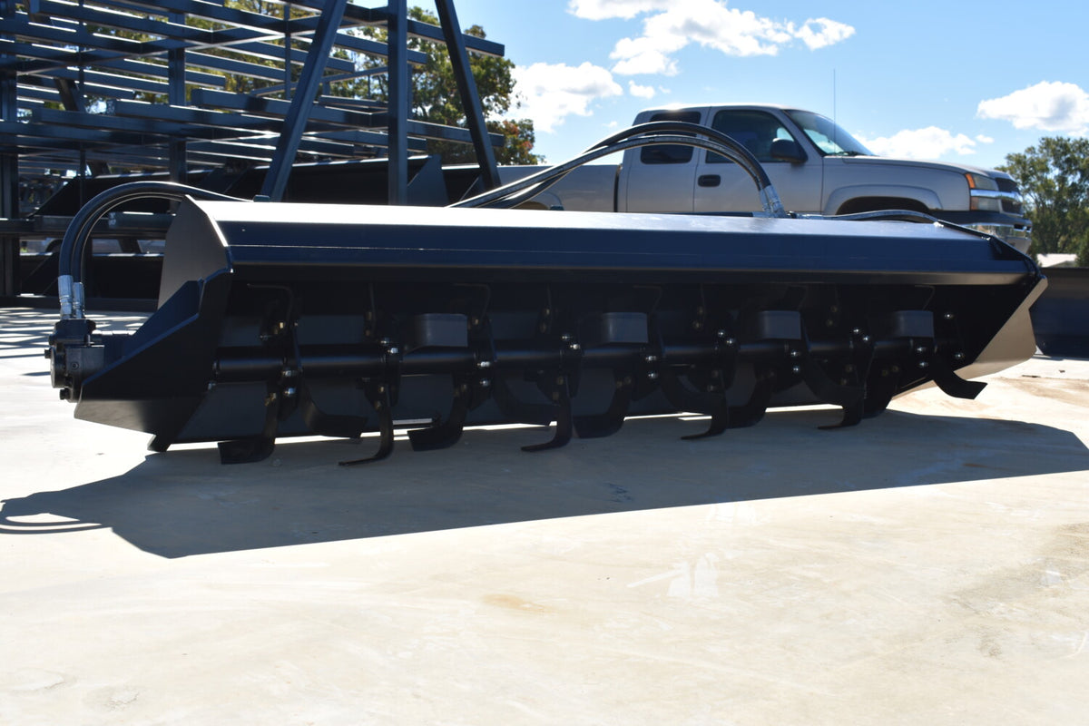 Loflin Fabrication Hydraulic Rotary Tiller For Skid Steers & Track Loaders; manufacturer family image, illustrated configuration may differ.