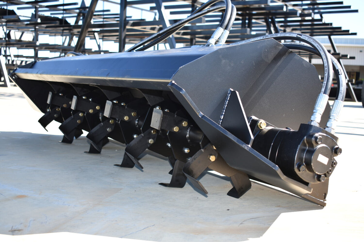 Loflin Fabrication Hydraulic Rotary Tiller For Skid Steers & Track Loaders; manufacturer family image, illustrated configuration may differ.