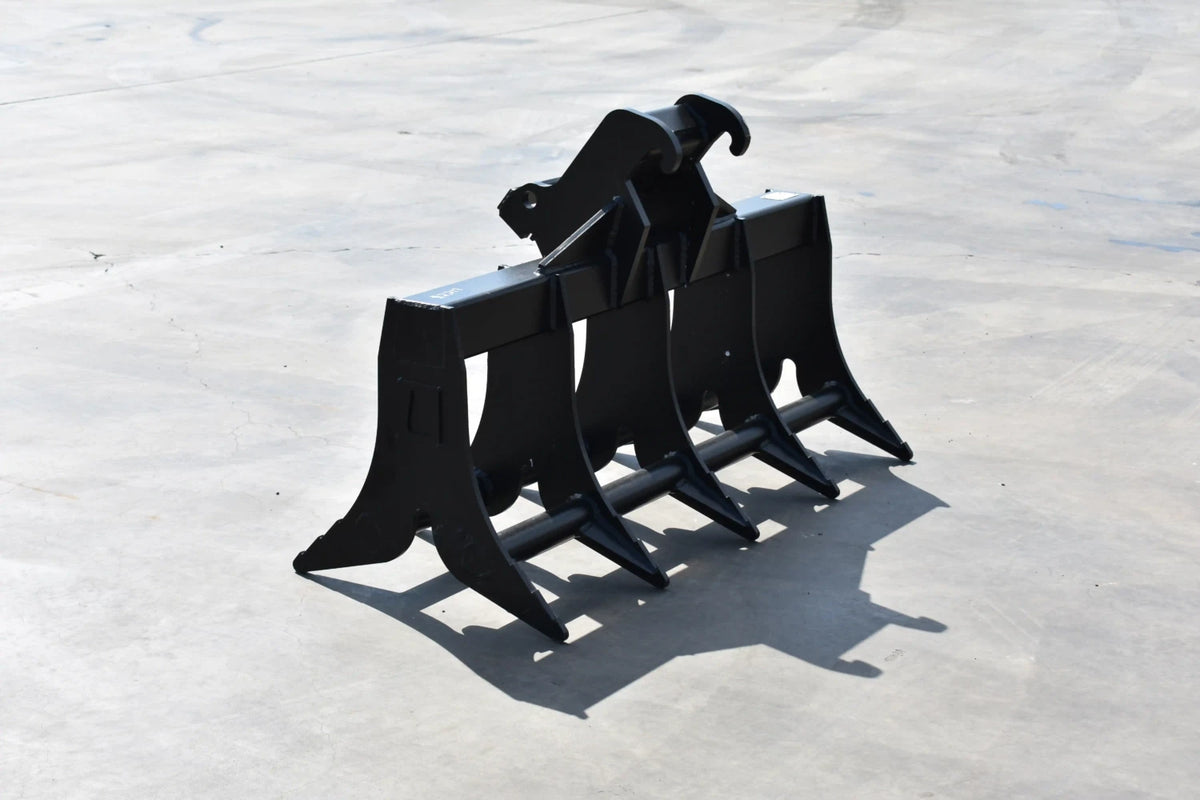 Loflin Fabrication double-sided root rake for mini excavators; manufacturer family image.