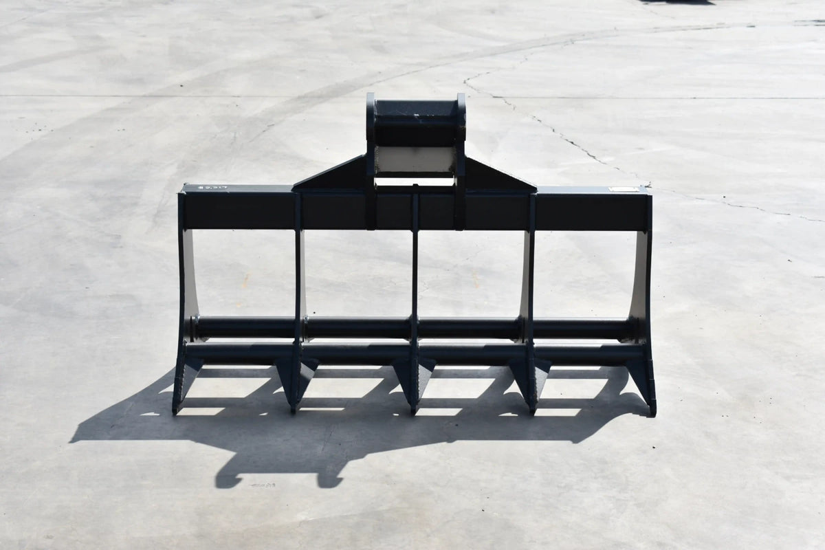 Loflin Fabrication double-sided root rake for mini excavators; manufacturer family image.