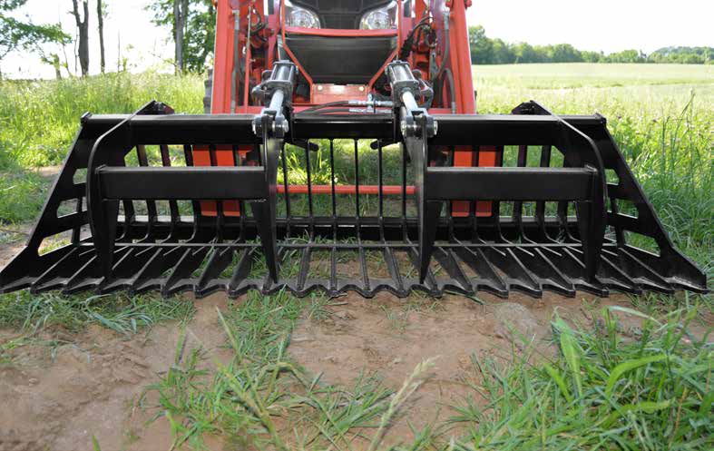 Loflin Fabrication Compact Tractor Rock Bucket Grapple shown in manufacturer catalog
