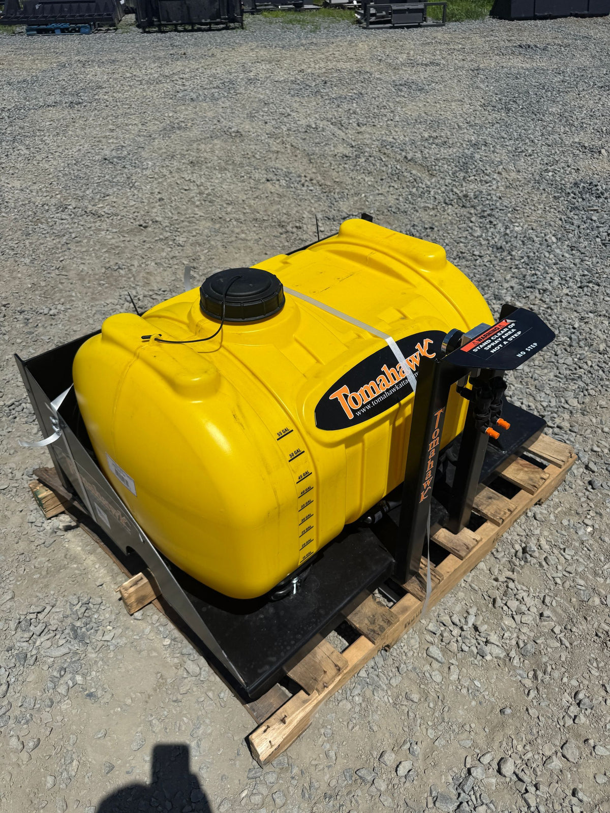 Tomahawk 60-gallon battery powered sprayer with yellow tank and quick attach frame