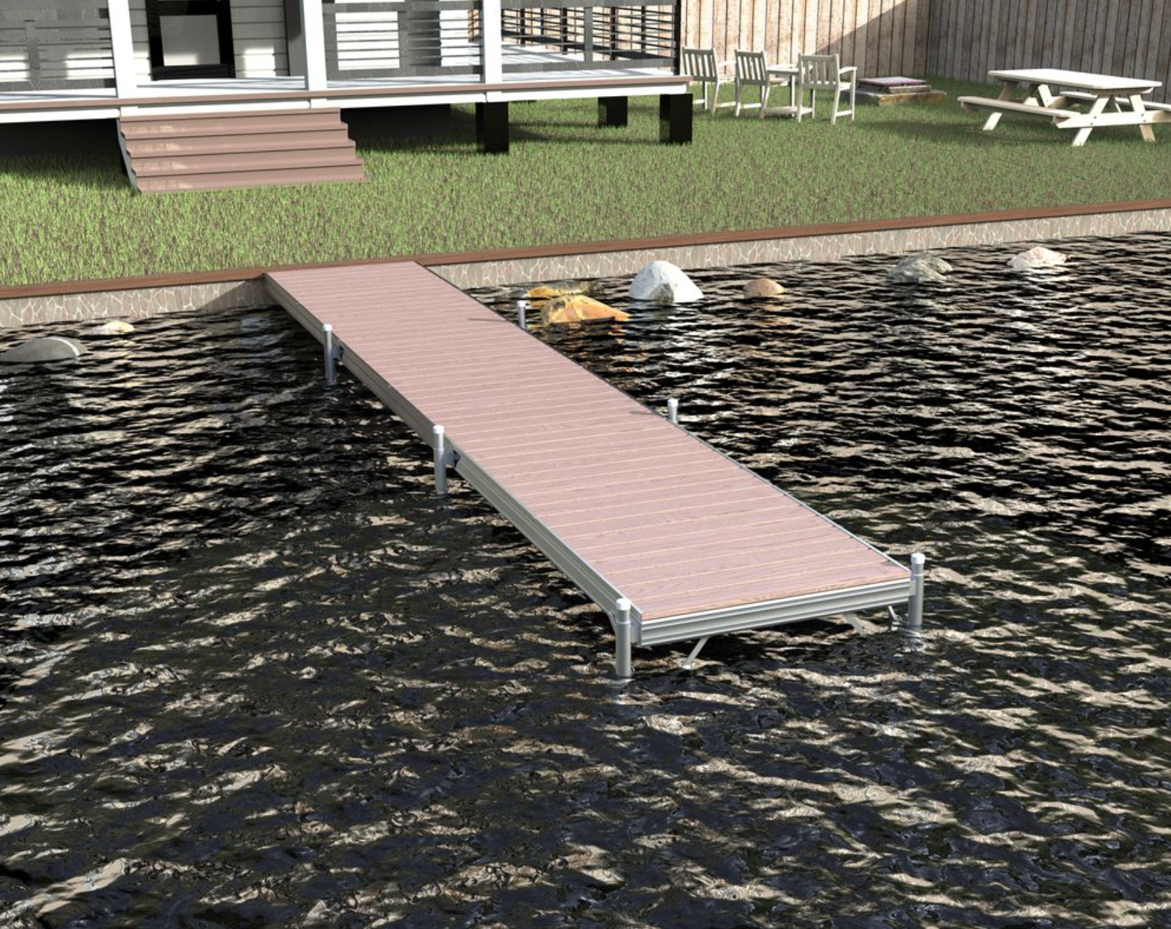 24' Pier of D'Nort Straight Pier, Starter Section - Red Cedar Wood Decking