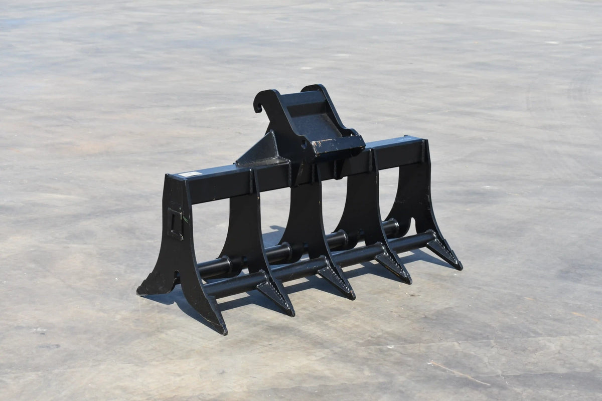 Loflin Fabrication double-sided root rake for mini excavators; manufacturer family image.