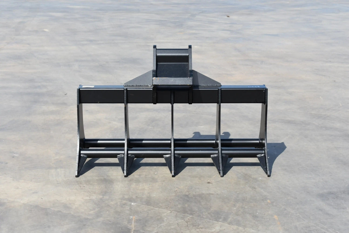 Loflin Fabrication double-sided root rake for mini excavators; manufacturer family image.