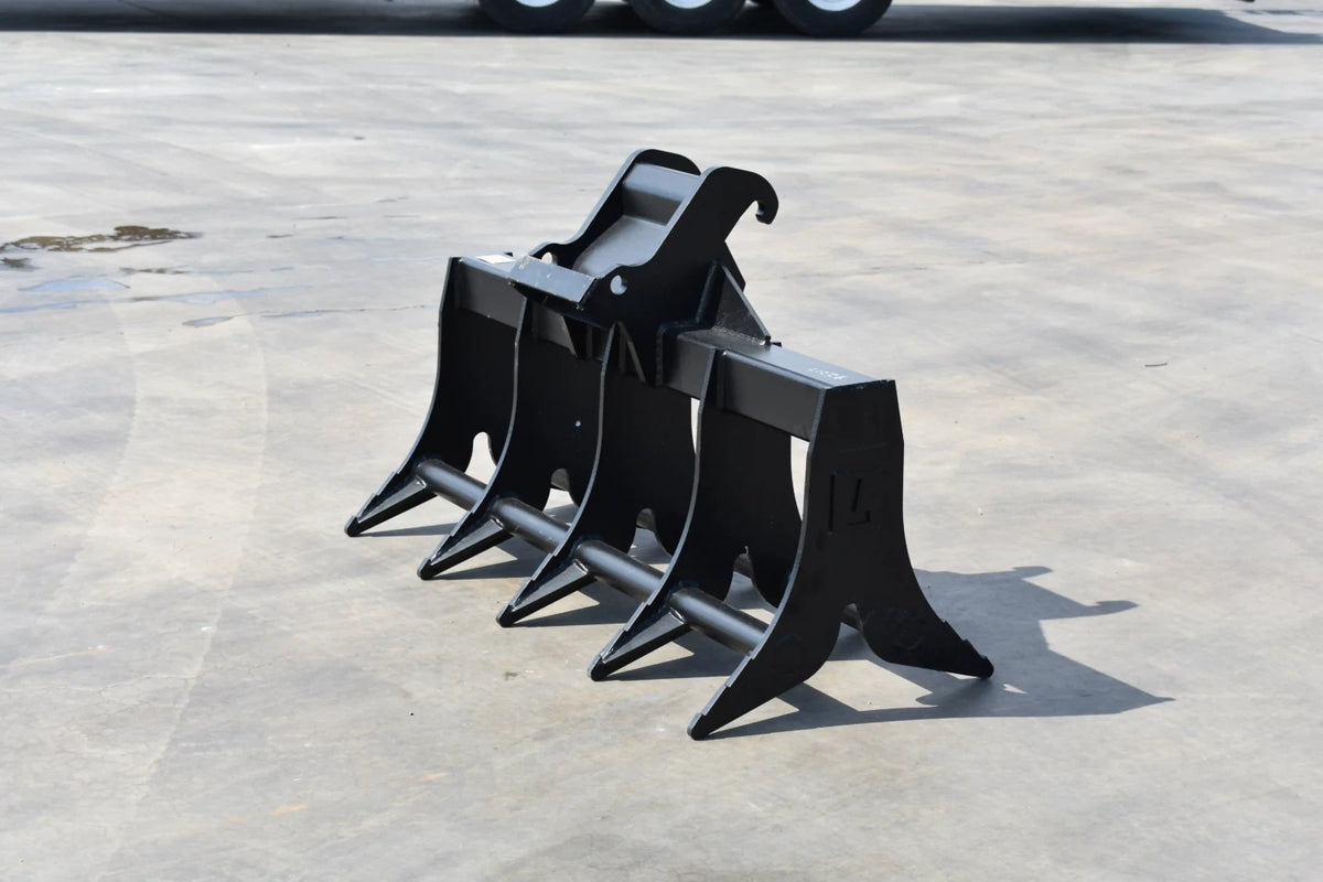 Loflin Fabrication double-sided root rake for mini excavators; manufacturer family image.