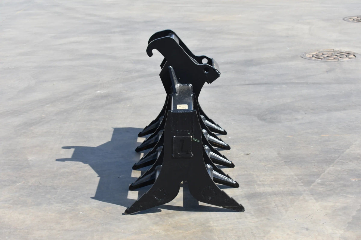 Loflin Fabrication double-sided root rake for mini excavators; manufacturer family image.
