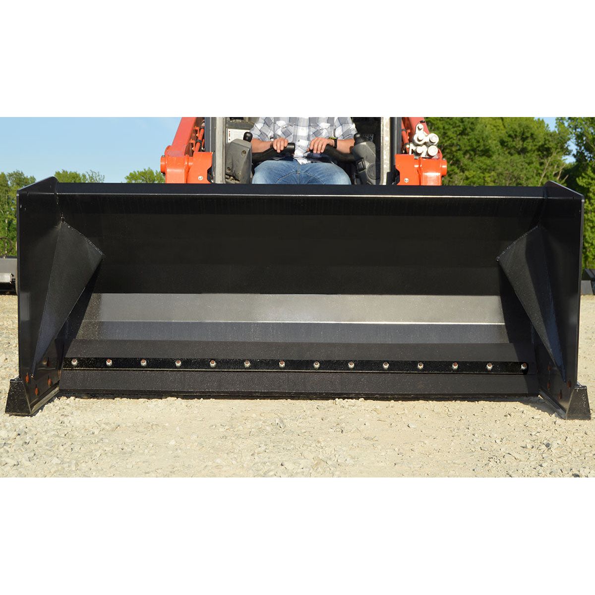Loflin Fabrication full-size snow pusher front view on loader; legacy family image, selected size and edge may differ.